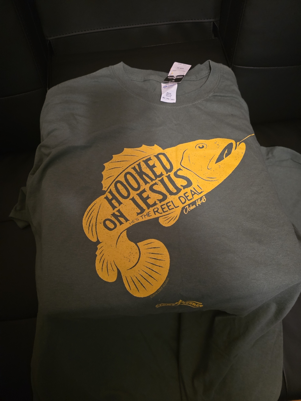 Gildan Green Short Sleeve Tee with Yellow Fish Graphic - Hooked on Jesus